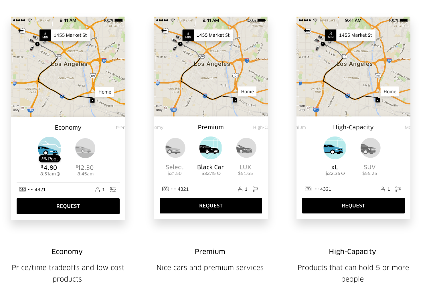 Product selection in the new Uber rider app.