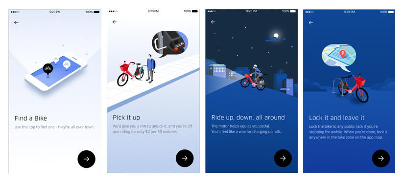 App screens for JUMP Bikes